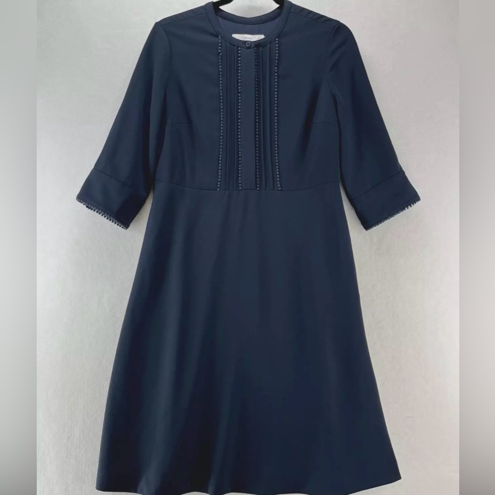 John Lewis Dress Sz 8 A-Line Crepe Pom Trim Pintuck 3/4 Sleeve Knee Length Blue